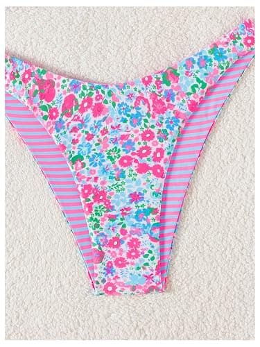 WDIRARA Women's 2 Piece Floral Striped Bikini Set Halter String Thong Swimsuit High Cut Bathing Suit thumbnail 4