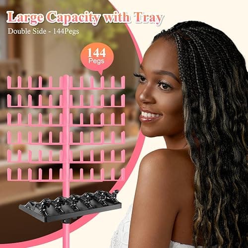 OLMRJKD Braiding Hair Rack with Tray, 144 Pegs Height Adjustable Braiding Rack, 2-side Hair Extension Holder Hanger, Hair Stand with Stylist Hair Braiding Tools for Hair Salon Home Traveling (Pink) thumbnail 2