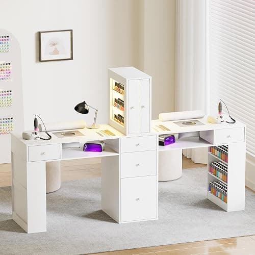Kikihouse Double Manicure Table for Nail Tech w/LED Light Display Cabinet, Professional Nail Desk with Dust Collector, Drawers, Wrist Rest, Acetone-Resistant, for Beauty Salon, Spa & Home Workstation thumbnail 2