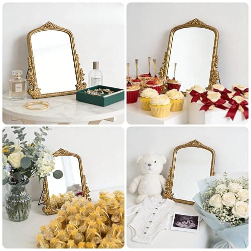 Small Vintage Vanity Makeup Desk Mirror, Antique Traditional Arch Table Mirror in Gold, Decorative Wood Carved Mirror for Living Room Bedroom Tabletop 11.8" x 9.6" thumbnail 4