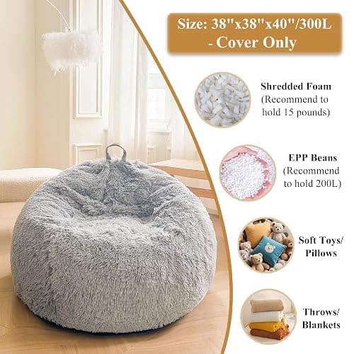 XeGe Fluffy Stuffed Animal Storage Bean Bag Cover(No Filler), Faux Fur Washable Ultra Soft Bean Bag Cover for Plush Toys or Textile,Plush Shaggy Large Beanbag for Adults Kids Teens, Light Grey thumbnail 3