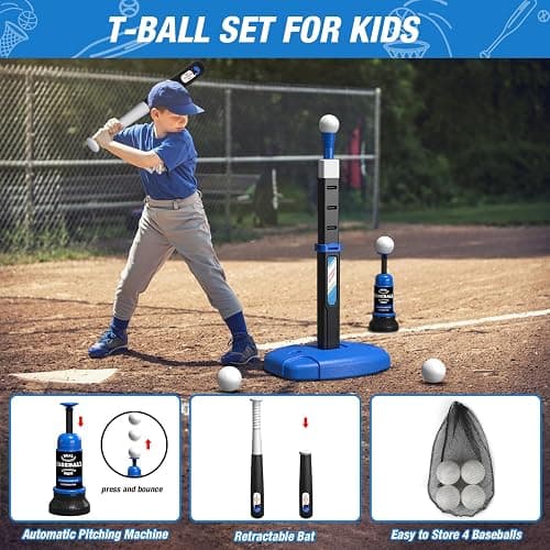 Wee Wonders 2 in 1 Toddler Basketball Hoop and T Ball Set with Automatic Pitching Machine - Adjustable Height, Kids Basketball Hoop Suit for Indoor/Outdoor, Sport Toys Gifts for Boys Age 3-5, Black thumbnail 6