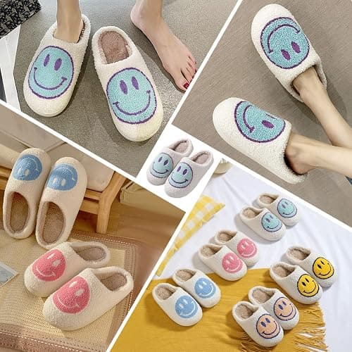 FACAXEDRE Smile Face Slippers for Women - Indoor Outdoor Retro Happy House Slides, Soft Fluffy Cushion Furry Shoes thumbnail 7