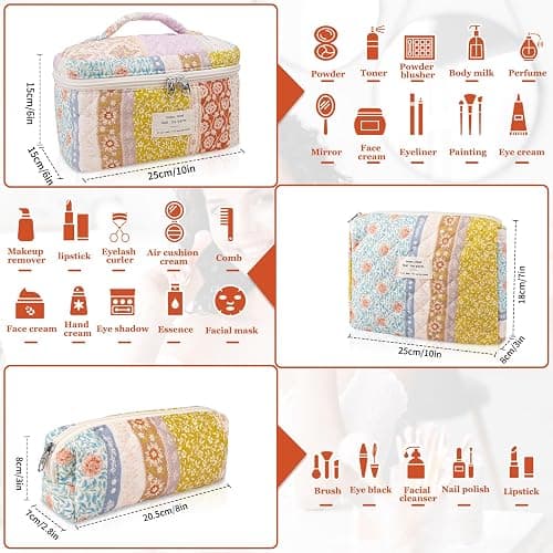 Makeup Bag Set, Quilted Makeup Bag, Large Floral Cosmetic Bag for Women, Cute Cotton Makeup Bag, Flower Travel Toiletry Organizer Bag(Color-Coded Floral) thumbnail 3
