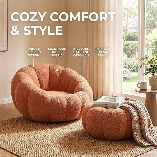 Hohamn Giant Bean Bag Chair with Ottoman, Pumpkin Shaped Boneless Chair | Plush cloud fleece fabric, ideal cozy seating for bedroom & living room, perfect reading lounge chair for daily relaxation thumbnail 6