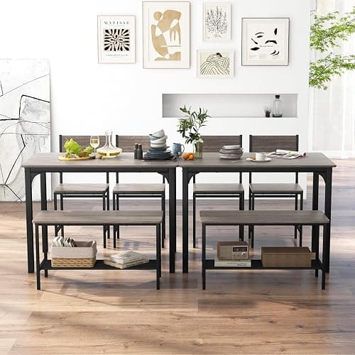 Giantex Dining Table Set for 4, Kitchen Table with Bench and Chairs, Industrial Gathering Bench Dining Set W/Metal Frame & Storage Rack, Dinette Set, Modern Functional Desk Set (Black Oak) thumbnail 2