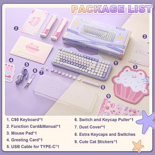 YUNZII C98 Wireless Mechanical Keyboard with Number Pad,99 Key BT5.0/2.4G/USB-C Hot Swap Gasket Mount with PBT MOA Keycaps,Custom RGB,Cute Cake Keyboard for Win/Mac (Purple, Candy Linear Switch) thumbnail 9