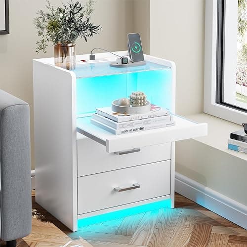 AOGLLATI LED Nightstand with Charging Station, Night Stand with Pull-Out Tray, 2 Drawers, Bedside Table with LED Lights, Modern End Table with USB Ports Outlets, White thumbnail 7