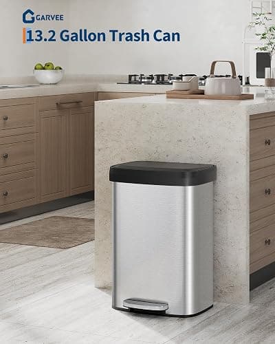 Garvee 13 gal / 50 L Stainless Steel Trash Can with Lid, Large Garbage Can for Kitchen, Rustproof Step-on Kitchen Metal Trash Bin with Liner Rim, Rear Handle, Soft Close Plastic Lid, Silver thumbnail 2