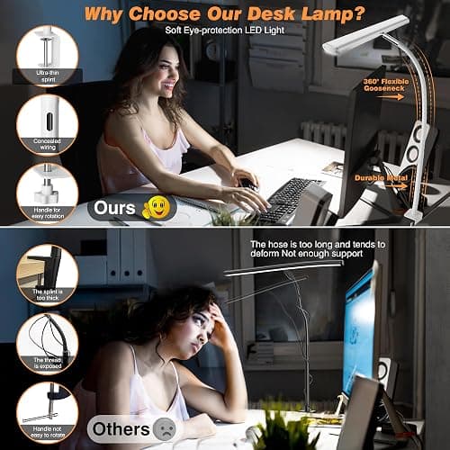 Airlonv LED Desk Lamp for Office Home, Eye-Caring Desk Light with Stepless Dimming Adjustable Flexible Gooseneck, 10W USB Adapter Desk Lamp with Clamp for Reading, Study, Workbench (White) thumbnail 4