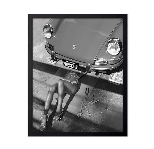 Poster Master Woman Classic Car Poster - Sexy Mechanic Print - Girly Art - Car Enthusiast Art - Black and White Photography - Great Garage or Bedroom Decor - 16x20 Black Framed - Image 1
