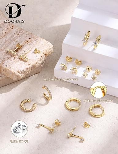 Dochais 7 Pairs Small Stud Hoop Earrings for Women 14K Gold Plated Huggie Earring Sets for Multiple Piercing Hypoallergenic Dainty Earring Stacks Cute Silver Cartilage Jewelry Trendy Gifts - Gold Earring A - Yellow Gold thumbnail 7