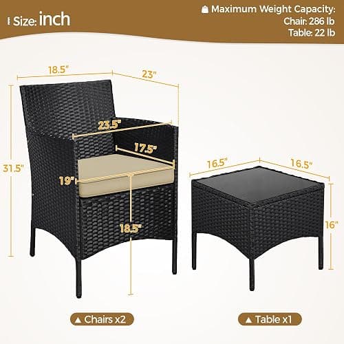 Yaheetech 3 Pieces Patio Conversation Set, Outdoor Rattan Bistro Furniture, 2 Chairs with Cushions & 1 Side Table for Bistro/Porch/Garden/Deck/Courtyard, Black/Khaki thumbnail 3