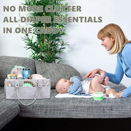 XUANGUO Baby Diaper Caddy Organizer with Handle - Gender Neutral Nursery Storage Bin Basket - Portable Tote Bag - Car Organizer - Newborn Essentials - Grey thumbnail 2