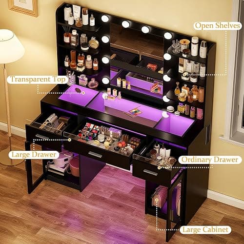 HUAHUU Vanity Desk, Makeup Vanity Desk with Mirror and Lights 3 Colors, Transparent Top with 3 RGB Drawers, 6 Shelves, 2 Large Tempered Cabinets, Power Outlet, for Bedroom, Black thumbnail 3