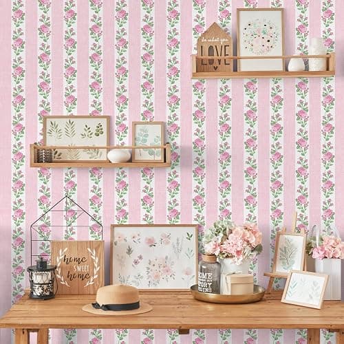 FYSUIMU Floral Striped Peel and Stick Wallpaper Roll Vintage Pink Rose Flower Stripe Contact Paper Self-Adhesive Wall Decoration for Farmhouse Home Bedroom Bathroom, 17 in x 10 Ft thumbnail 5