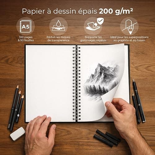 DIYIDEA Carnet de Croquis A5 200 g/m2 100 Pages Spirale Couverture Rigide | Carnet de croquis 200 g/m2, couverture rigide, reliure spirale, pages perforées, pour crayon, fusain, graphite, pastel thumbnail 2