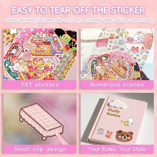 WEINSYT 3D Sticker Scene Book for Adults - 2-Book Set Cute Sticker Books with Scenes, DIY Miniature Scene Sticker Books, Stress Relief Activity Kit with Tweezers & Clips Included thumbnail 7
