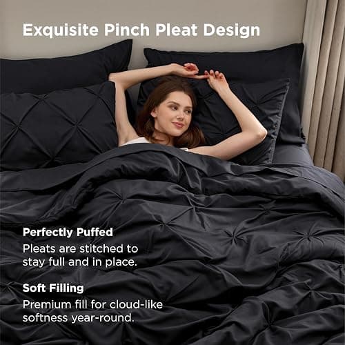 Bedsure Oversized Queen Comforter Set Black - Bed in a Bag Bedding Set 7 Pieces, GentleSoft™ Pintuck Bed Set Gift for Family, Pinch Pleat All Season Comforter with Sheets, Pillowcases & Shams thumbnail 4