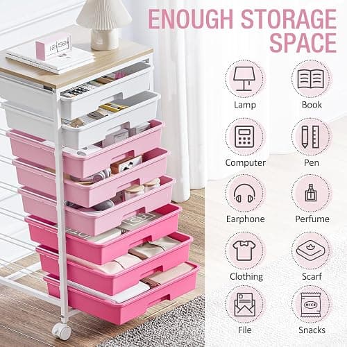 Rolling Cart with Drawers, Pink Cart with 8 Plastic Drawer Storage and Wooden Tabletop, Craft Storage, Teacher Cart, Storage Cart on Wheels, Rose Pink thumbnail 5