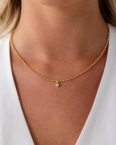 PAVOI 14K Gold Plated Dainty Tube Ball Square Beaded Chain Bezel Set Solitaire Pendant Necklace for Women | Round Princess Marquise Cubic Zirconia Statement Necklace thumbnail 2