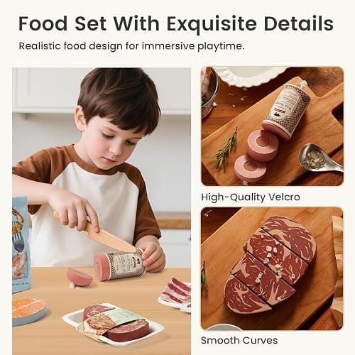 Tiny Land Wooden Play Food for Kids Kitchen, Pretend Food Meat Set Toy | 6PCS Organic Fake Food, Seafood & Meat Set for Kid, Play Kitchen Accessories, Montessori Toy for Boy and Girl thumbnail 4