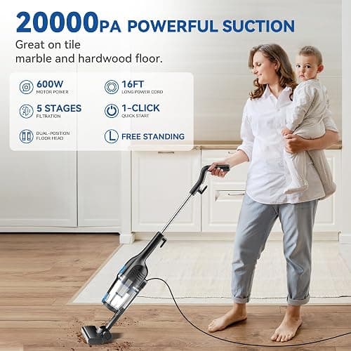 Vazone R6X Corded Stick Vacuum Cleaners for Home, 20Kpa Powerful Suction Stick Vacuum with 16Ft Cord, 2 in 1 Lightweight Handheld Vacuum Cleaner for Hardwood Floor Pet Hair thumbnail 2