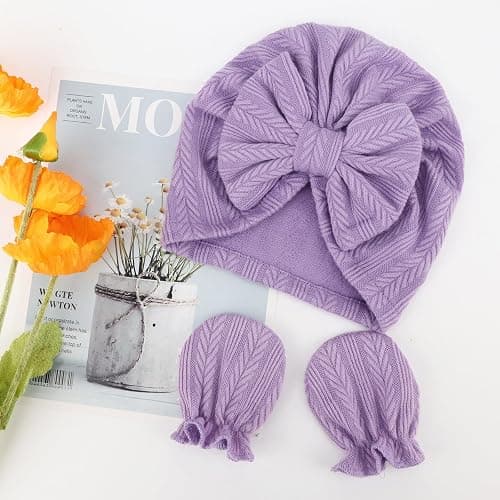 DRESHOW Neugeborenes Baby Mütze Hut und Handschuhe Set Beanie Bekleidung Unisex Infant Hut Kindergarten Mütze Baby Jungen Mädchen 0-6 Monate - 3 Sets: Bow Hats & Mittens 58-c07 thumbnail 5