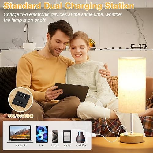 Dicoool Bedside Table Lamp for Bedroom - 3-Way Dimmable Touch Lamp, USB A+C | LED Bulb Included, 14" Small Nightstand Lamp for Desk, Living Room, Guest Room, Cream Fabric Lampshade, Wood-Grain Metal Base thumbnail 5
