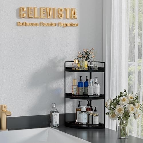 CeleVista Corner Bathroom Counter Organizer, 3 Tier Bathroom Sink Shelf Countertop, Wood Vanity Skincare Storage for Toiletries Decor, Makeup, Dresser(Black) thumbnail 4