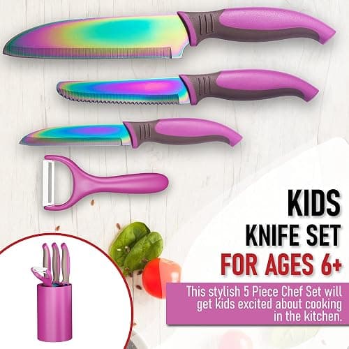 TruChef 5-Piece Kids Knife Set for Real Cooking | Stainless Steel Chef, Paring & Serrated Knives with Peeler & Holder | Safe Junior Chef Cooking Set for Kids (5 pcs, Pink) thumbnail 7