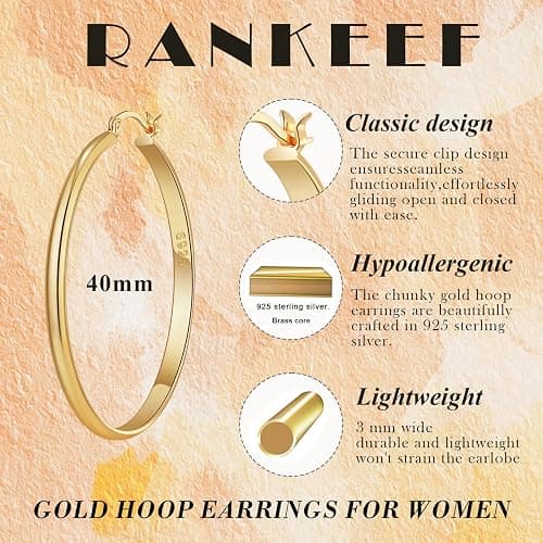 RANKEEF 3mm Wide Large Gold/Silver Hoop Earrings Sterling Silver Hoop Earrings For Women Big Gold Hoops Hypoallergenic 925 Sterling Sliver Earrings Hoops 30/40/50/60mm thumbnail 3