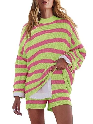 LAMISSCHE Womens Oversized Lounge Sets 2 Piece Outfits Striped Matching Pajama Set Long Sleeve Sweater Set - Image 1