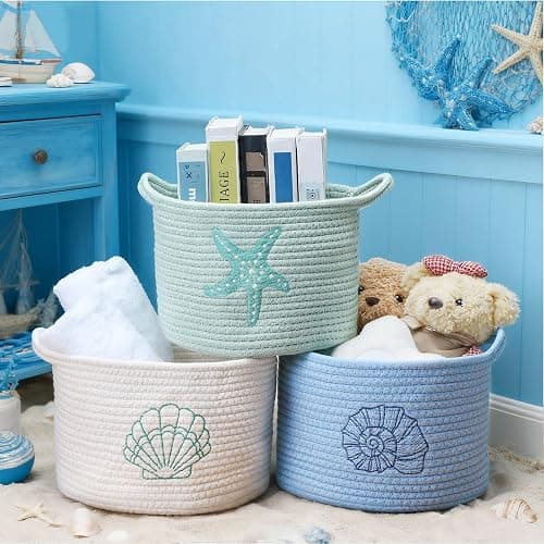 Vesici 3 Pcs Coastal Seashell Starfish Woven Baskets Blue White Green Beach Small Cotton Rope Storage Basket 9.7'' x 7.1'' Laundry Organizer with Handles for Toys Clothes Organization Nursery Bedroom thumbnail 6