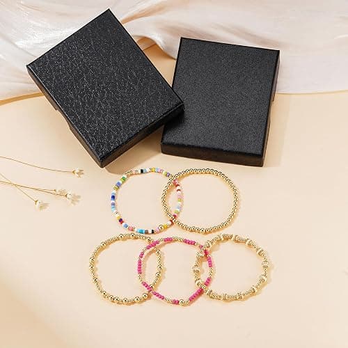 Turandoss 5PCS Gold Beaded Bracelets for Women Teen Girls, 14K Gold Plated | Stacked Beads Bracelet Set, Turquoise Cross Pearl Charm, Waterproof, 7 Inch Stretch Elastic, Bracelet for Women Teenage Girls thumbnail 7