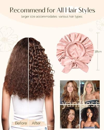 YANIBEST Adjustable Satin Bonnet for Sleeping, Double Layer Silk Bonnet with Tie Band for Women, Sleep Cap Curly Natural Hair, Pink thumbnail 5