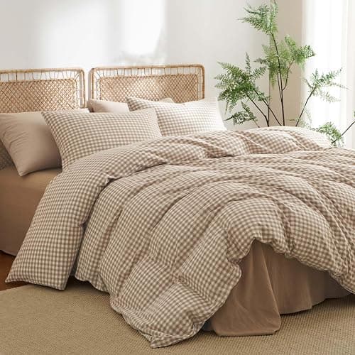 Nayoroom Gingham Duvet Cover Queen Size 100% Washed Cotton Brown Tan Plaid Checkered Comforter Cover 3 Pcs Soft Breathable Grid Farmhouse Dorm Bedding Set for All Seasons thumbnail 3