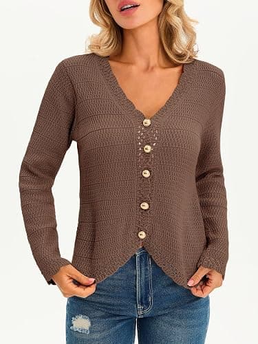 Saodimallsu Womens V Neck Cardigan Sweaters Button Up Cropped Boho Knit Long Sleeve Loose Trendy Sweater Tops thumbnail 3