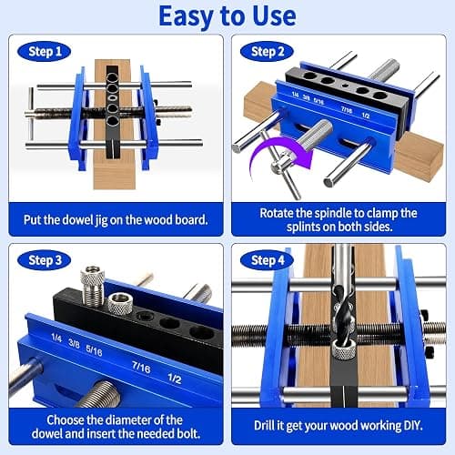 Self Centering Dowel Jig Kit, Drill Jig for Straight Holes Biscuit Joiner Set, Adjustable Drilling Guide Wood Working Tools with 3 Drill and 6 Drill Guide Bushings, Wood Doweling Jig for Woodworking thumbnail 5