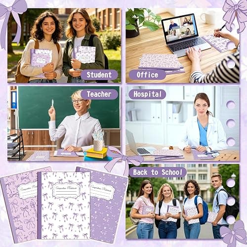 Lebsitey 6 Pack Purple Bow Composition Notebooks, Cute Preppy Coquette Notebook, 9-3/4 x 7-1/2" Aesthetic College Ruled Journal, Back to School Gifts Preppy School Supplies, 110 Pages thumbnail 4