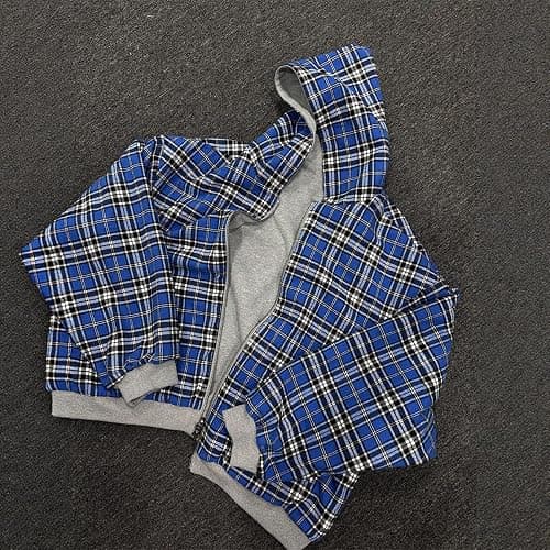 HOHOPEACH Y2k Grunge Plaid Zip Up Hoodie Men Women Reversible Oversized Emo 2000s Graphic Hoodie Fall Baggy Sweatshirts thumbnail 4