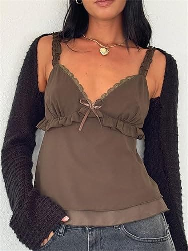Women Y2k Ruffle Cami Top Tie Front Sleeveless V Neck Ruched Flowy Peplum Babydoll Tops Summer Coquette Streetwear thumbnail 2