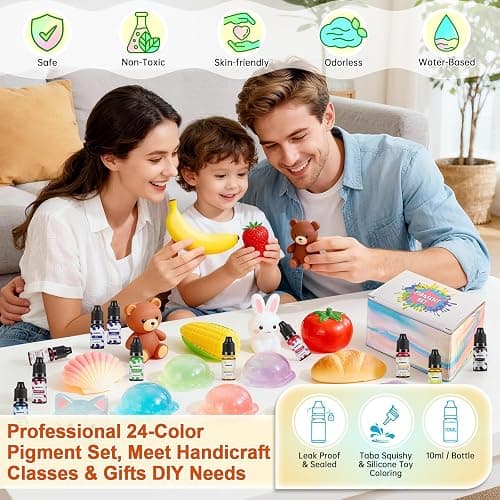 Silicone Pigment Set for Taba Squishy Maker & Silicone Mold, Ultimate 24 Colors Liquid Coloring Dye for Party, Group & Handicraft, Professional Squishy Making Paint Kit, 10 ml Each. thumbnail 2