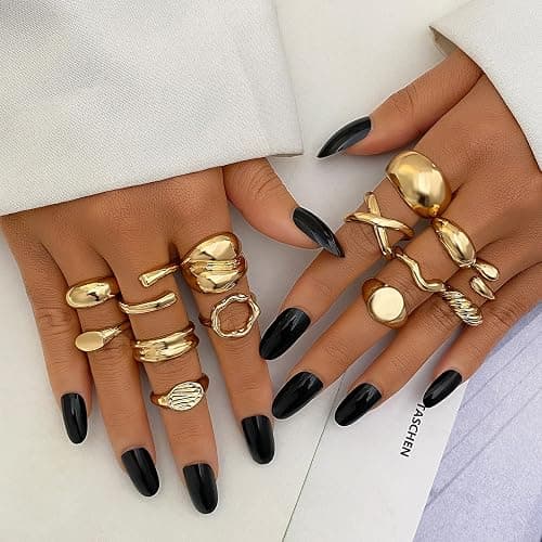 IFKM Gold Chunky Rings Set for Women 14k Gold Plated Thick Dome Stackable Open Rings Trendy Dainty Minimalist Jewelry Gifts - Gold - Flatbed wide format thumbnail 3