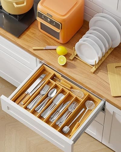 Kitsure Large Bamboo Silverware Organizer - Expandable Drawer Organizer for Utensil, Cutlery and Flatware, Kitchen Storage Solution with 6 to 8 Slots, Natural, 19.4" × 13.1" × 1.8" thumbnail 9