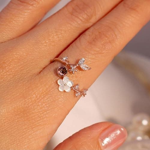 JALZEMPL Birthstone Flower Rings For Women Non Tarnish Gemstone Cubic Zirconia Mother of Pearl Adjustable Size 7-11 Silver Rose 14K Gold Plated Birth Jewelry Gift For Birthday thumbnail 2