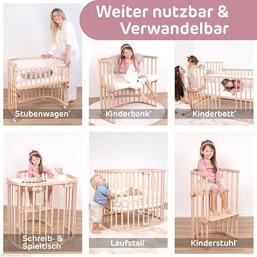 babybay Maxi lit cododo en Bois de hêtre Massif/Compact et modulable/Hauteur du lit réglable en continu/lit bébé évolutif (Naturel Non traité) / avec Matelas, Barres, Roues thumbnail 8