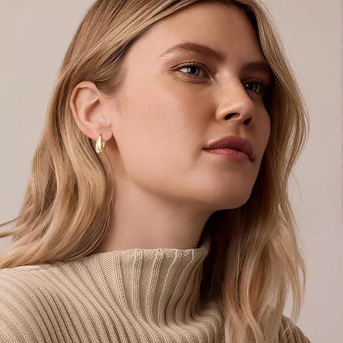 STAYLOVE Small Chunky Gold Hoops Teardrop Huggie Earrings 925 Sterling Silver Post 14k Gold Plated Oval Thick Hoop Earrings for Women thumbnail 4