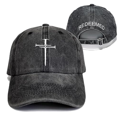 Giavuwn Christian Redeemed Cross Nails Hats for Men Women, Vintage Adjustable Cotton Embroidered Front & Back Baseball Cap - Image 1