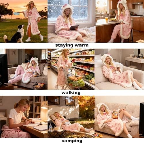 CHERSE Cute Cartoon Winter Hooded Nightgown Pajama Set Robe Snuggie Wearable Blanket Hoodie for Women Pink Bow thumbnail 7